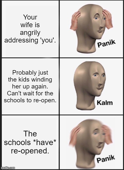 Back to Normal | Your wife is angrily addressing 'you'. Probably just the kids winding her up again. Can't wait for the schools to re-open. The schools *have* re-opened. | image tagged in memes,panik kalm panik,covid | made w/ Imgflip meme maker