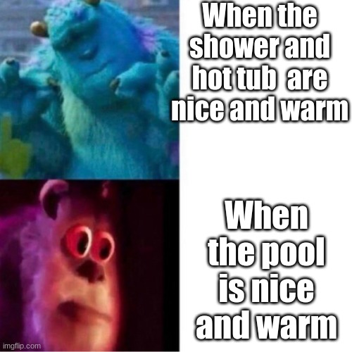 e |  When the shower and hot tub  are nice and warm; When the pool is nice and warm | image tagged in monsters inc | made w/ Imgflip meme maker