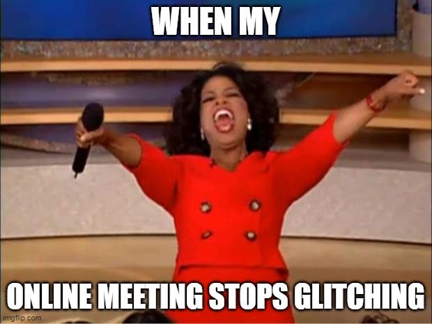 Oprah You Get A Meme | WHEN MY; ONLINE MEETING STOPS GLITCHING | image tagged in memes,oprah you get a | made w/ Imgflip meme maker