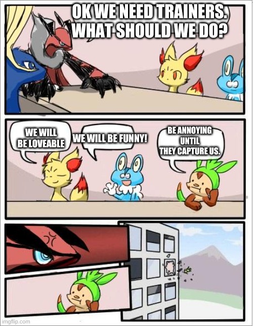 Pokemon board meeting | OK WE NEED TRAINERS. WHAT SHOULD WE DO? BE ANNOYING UNTIL THEY CAPTURE US. WE WILL BE LOVEABLE; WE WILL BE FUNNY! | image tagged in pokemon board meeting | made w/ Imgflip meme maker