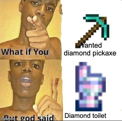 What if you-But god said | Wanted diamond pickaxe; Diamond toilet | image tagged in what if you-but god said | made w/ Imgflip meme maker