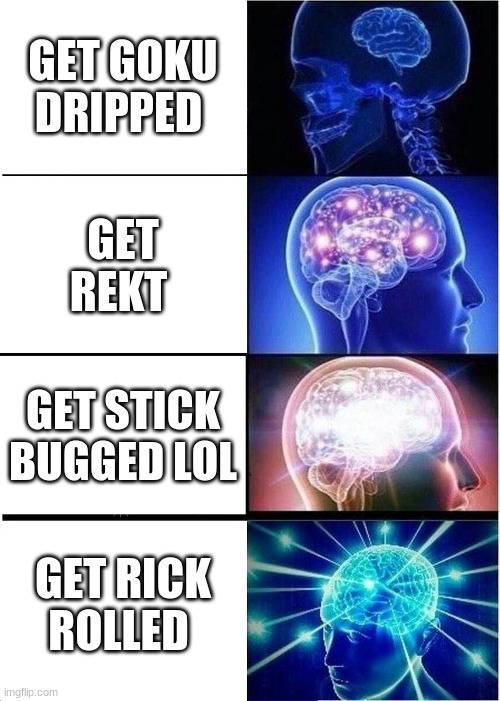Expanding Brain | GET GOKU DRIPPED; GET REKT; GET STICK BUGGED LOL; GET RICK ROLLED | image tagged in memes,expanding brain | made w/ Imgflip meme maker