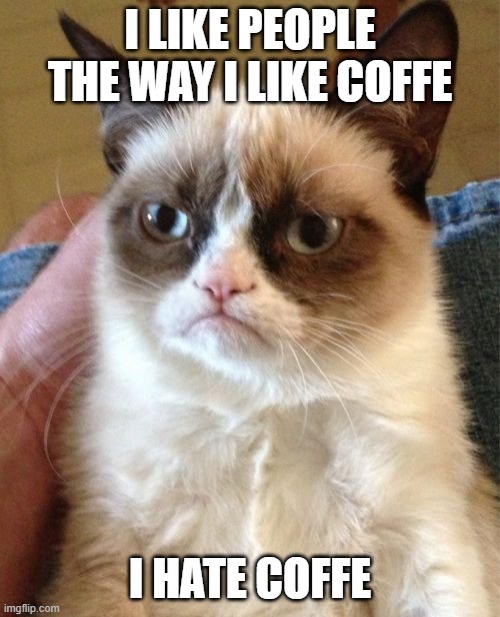 coffe to people | I LIKE PEOPLE THE WAY I LIKE COFFE; I HATE COFFE | image tagged in memes,grumpy cat | made w/ Imgflip meme maker