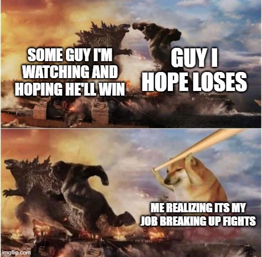 Kong Godzilla Doge | GUY I HOPE LOSES; SOME GUY I'M WATCHING AND HOPING HE'LL WIN; ME REALIZING ITS MY JOB BREAKING UP FIGHTS | image tagged in kong godzilla doge | made w/ Imgflip meme maker