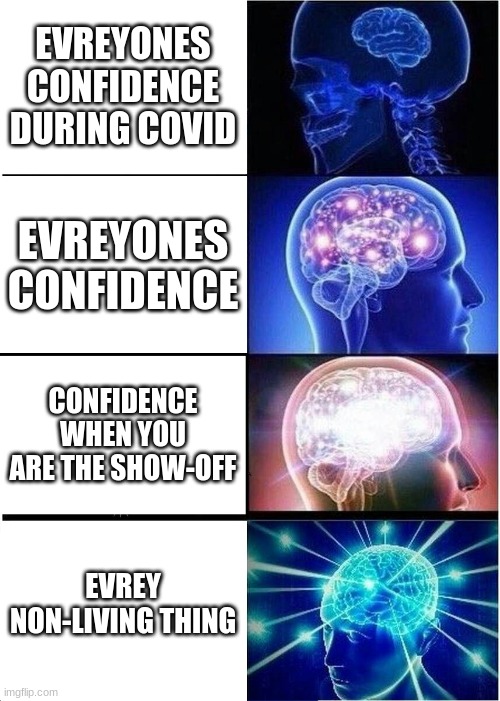 Expanding Brain | EVREYONES CONFIDENCE DURING COVID; EVREYONES CONFIDENCE; CONFIDENCE WHEN YOU ARE THE SHOW-OFF; EVREY NON-LIVING THING | image tagged in memes,expanding brain | made w/ Imgflip meme maker