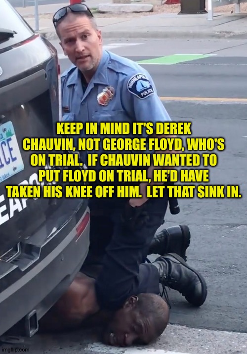 George Floyd can't defend himself. | KEEP IN MIND IT'S DEREK CHAUVIN, NOT GEORGE FLOYD, WHO'S ON TRIAL.  IF CHAUVIN WANTED TO PUT FLOYD ON TRIAL, HE'D HAVE TAKEN HIS KNEE OFF HIM.  LET THAT SINK IN. | image tagged in derek chauvinist pig | made w/ Imgflip meme maker