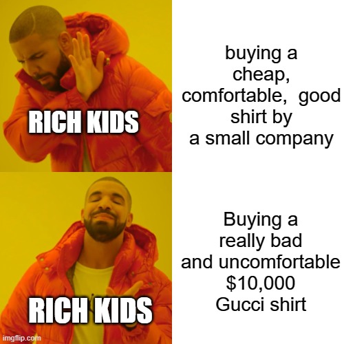 lol | buying a cheap, comfortable,  good shirt by a small company; RICH KIDS; Buying a really bad and uncomfortable $10,000 Gucci shirt; RICH KIDS | image tagged in memes,drake hotline bling | made w/ Imgflip meme maker