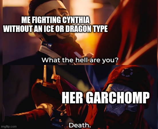 What the hell are you? Death | ME FIGHTING CYNTHIA WITHOUT AN ICE OR DRAGON TYPE; HER GARCHOMP | image tagged in what the hell are you death | made w/ Imgflip meme maker