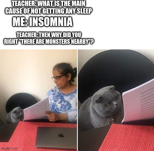 You may not rest now, there are monsters nearby | TEACHER: WHAT IS THE MAIN CAUSE OF NOT GETTING ANY SLEEP; ME: INSOMNIA; TEACHER: THEN WHY DID YOU RIGHT "THERE ARE MONSTERS NEARBY"? | image tagged in woman showing paper to cat,minecraft | made w/ Imgflip meme maker