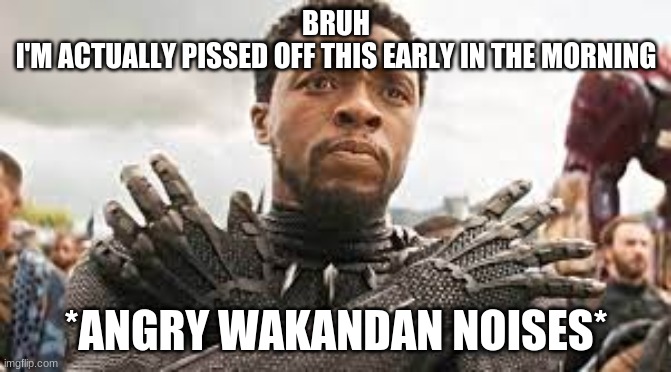 *angry wakandan noises* | BRUH
I'M ACTUALLY PISSED OFF THIS EARLY IN THE MORNING | image tagged in angry wakandan noises | made w/ Imgflip meme maker