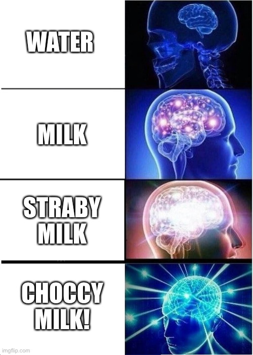 Expanding Brain | WATER; MILK; STRABY MILK; CHOCCY MILK! | image tagged in memes,expanding brain,choccy milk,straby milk | made w/ Imgflip meme maker