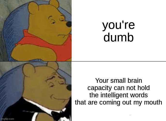 i m s m a r t | you're dumb; Your small brain capacity can not hold the intelligent words that are coming out my mouth | image tagged in memes,tuxedo winnie the pooh | made w/ Imgflip meme maker