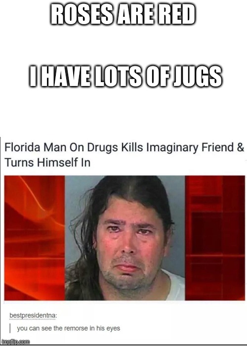ROSES ARE RED; I HAVE LOTS OF JUGS | image tagged in memes,florida man,oh wow are you actually reading these tags,funny memes | made w/ Imgflip meme maker