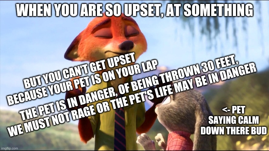 the pet life is in danger, of the rage | WHEN YOU ARE SO UPSET, AT SOMETHING; BUT YOU CAN'T GET UPSET BECAUSE YOUR PET IS ON YOUR LAP; THE PET IS IN DANGER, OF BEING THROWN 30 FEET, WE MUST NOT RAGE OR THE PET'S LIFE MAY BE IN DANGER; <- PET SAYING CALM DOWN THERE BUD | image tagged in nick wilde deep breath,zootopia,fox,pet life in danger | made w/ Imgflip meme maker