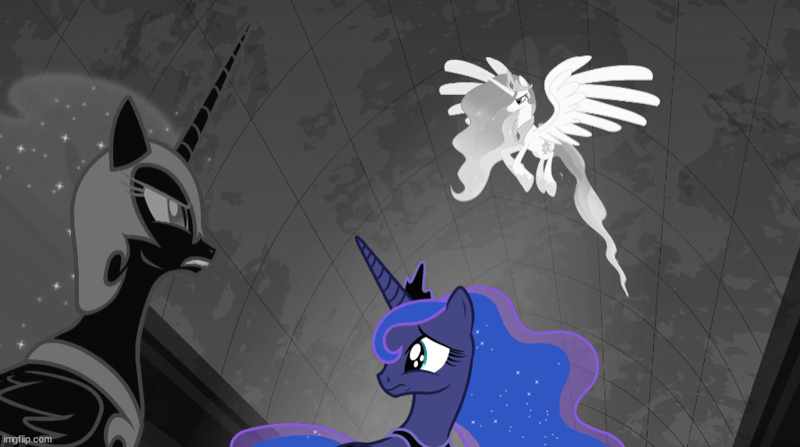 Princess Luna's Painful Past: | image tagged in mlp,princess luna,nightmare moon,princess celestia | made w/ Imgflip meme maker