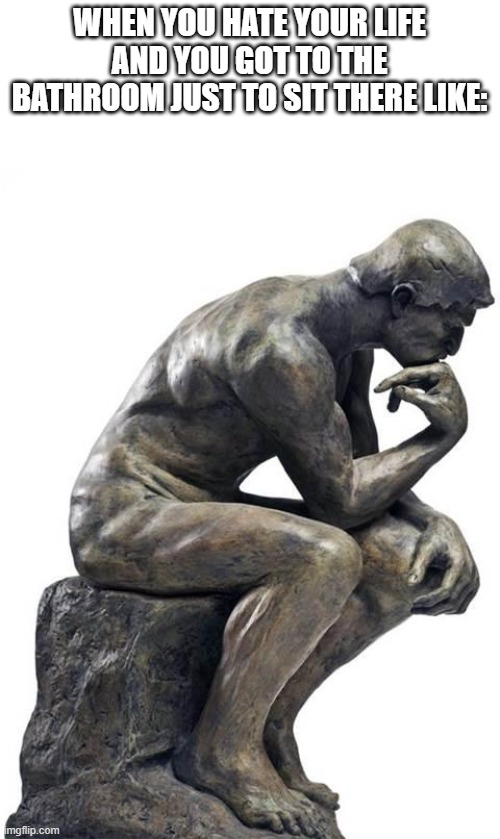 Thinking Man Statue | WHEN YOU HATE YOUR LIFE AND YOU GOT TO THE BATHROOM JUST TO SIT THERE LIKE: | image tagged in thinking man statue | made w/ Imgflip meme maker