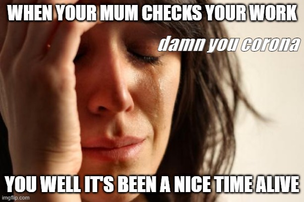 First World Problems | WHEN YOUR MUM CHECKS YOUR WORK; damn you corona; YOU WELL IT'S BEEN A NICE TIME ALIVE | image tagged in memes,first world problems | made w/ Imgflip meme maker