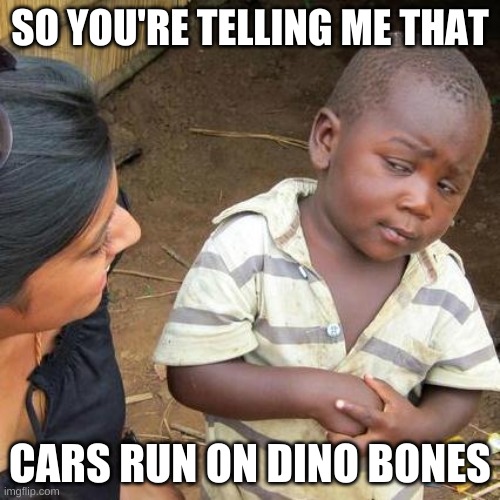 Third World Skeptical Kid Meme | SO YOU'RE TELLING ME THAT; CARS RUN ON DINO BONES | image tagged in memes,third world skeptical kid | made w/ Imgflip meme maker
