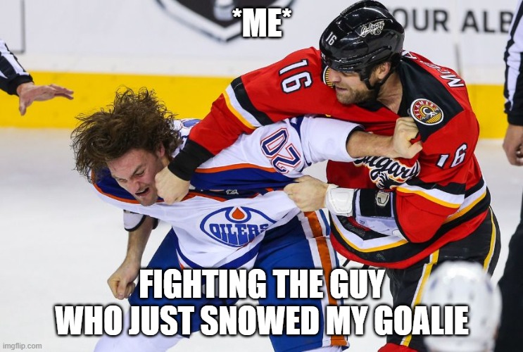 dont snow | *ME*; FIGHTING THE GUY WHO JUST SNOWED MY GOALIE | image tagged in hockey fight | made w/ Imgflip meme maker