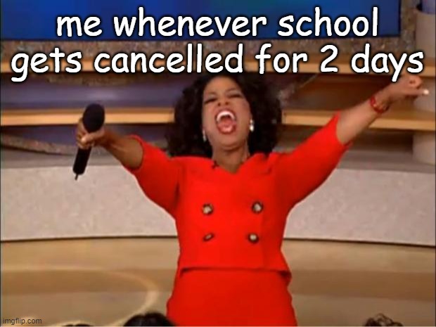 Oprah You Get A | me whenever school gets cancelled for 2 days | image tagged in memes,oprah you get a | made w/ Imgflip meme maker