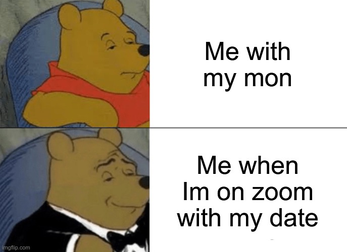 funny | Me with my mon; Me when Im on zoom with my date | image tagged in memes,tuxedo winnie the pooh | made w/ Imgflip meme maker