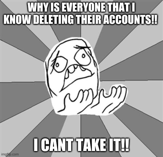 4 people that were good friends with me have deleted their accounts i might as well delete mine to? | WHY IS EVERYONE THAT I KNOW DELETING THEIR ACCOUNTS!! I CANT TAKE IT!! | image tagged in whyyy | made w/ Imgflip meme maker