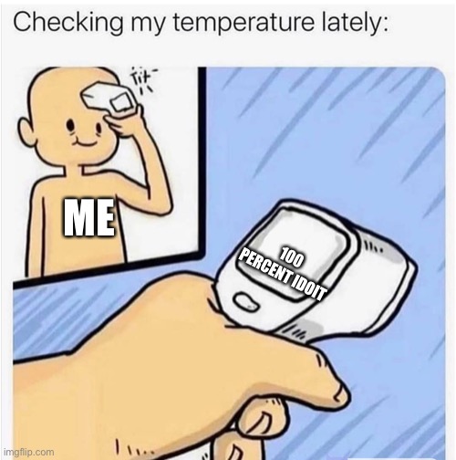 Checking my temperature | ME; 100 PERCENT IDIOT | image tagged in checking my temperature | made w/ Imgflip meme maker
