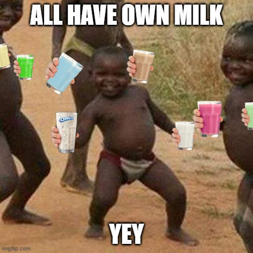 ALL HAVE A MILK | ALL HAVE OWN MILK; YEY | image tagged in memes,third world success kid | made w/ Imgflip meme maker