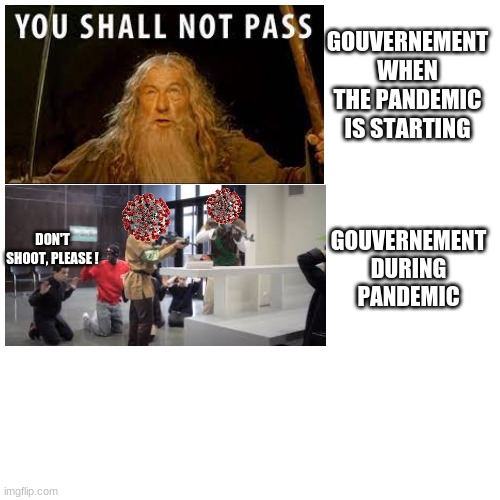 pandemic | GOUVERNEMENT WHEN THE PANDEMIC IS STARTING; GOUVERNEMENT DURING PANDEMIC; DON'T SHOOT, PLEASE ! | image tagged in gandalf | made w/ Imgflip meme maker