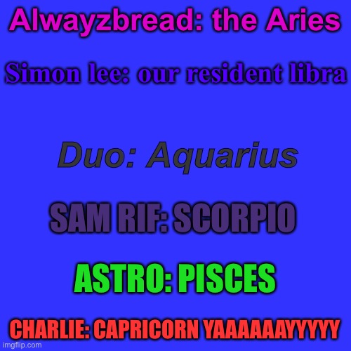 The alwayzbread series characters zodiacs- not complete | Alwayzbread: the Aries; Simon lee: our resident libra; Duo: Aquarius; SAM RIF: SCORPIO; ASTRO: PISCES; CHARLIE: CAPRICORN YAAAAAAYYYYY | image tagged in memes,blank transparent square | made w/ Imgflip meme maker