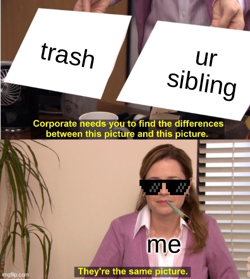 roasting my sibling | trash; ur sibling; me | image tagged in memes,they're the same picture | made w/ Imgflip meme maker