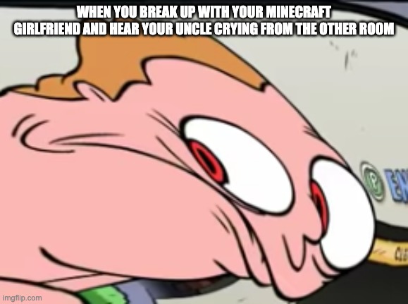 WHEN YOU BREAK UP WITH YOUR MINECRAFT GIRLFRIEND AND HEAR YOUR UNCLE CRYING FROM THE OTHER ROOM | image tagged in what the shiss is in my car | made w/ Imgflip meme maker