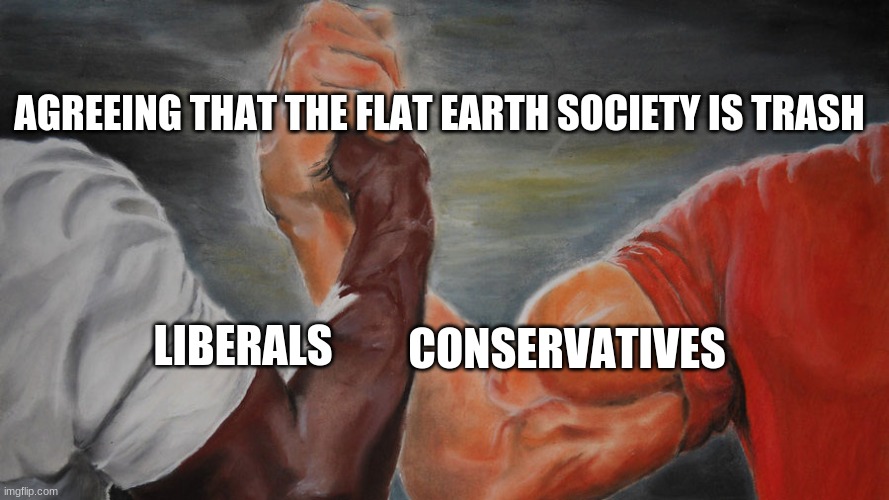 We all agree on one thing... | AGREEING THAT THE FLAT EARTH SOCIETY IS TRASH; CONSERVATIVES; LIBERALS | image tagged in epic hand shake,flat earth society is trash,we all agree | made w/ Imgflip meme maker