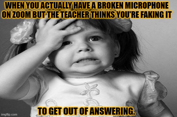 Zoom Problemos | WHEN YOU ACTUALLY HAVE A BROKEN MICROPHONE ON ZOOM BUT THE TEACHER THINKS YOU'RE FAKING IT; TO GET OUT OF ANSWERING. | image tagged in funny memes | made w/ Imgflip meme maker