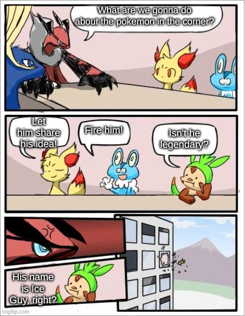 ys | What are we gonna do about the pokemon in the corner? Let him share his idea! Fire him! Isn't he legendary? His name is Ice Guy, right? | image tagged in pokemon board meeting | made w/ Imgflip meme maker