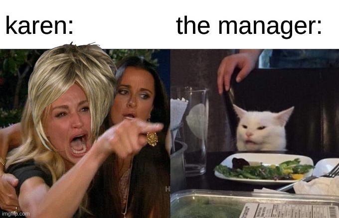 Woman Yelling At Cat Meme | karen:; the manager: | image tagged in memes,woman yelling at cat | made w/ Imgflip meme maker
