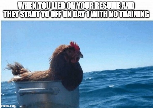 when you lied on your resume | WHEN YOU LIED ON YOUR RESUME AND THEY START YO OFF ON DAY 1 WITH NO TRAINING | image tagged in memes,funny,job interview | made w/ Imgflip meme maker