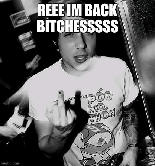 frank iero middle finger | REEE IM BACK BITCHESSSSS | image tagged in frank iero middle finger | made w/ Imgflip meme maker