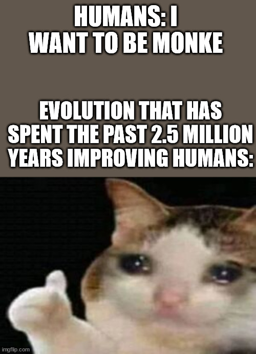 monke | HUMANS: I WANT TO BE MONKE; EVOLUTION THAT HAS SPENT THE PAST 2.5 MILLION YEARS IMPROVING HUMANS: | image tagged in crying cat thumbs up,monkey,memes,evolution | made w/ Imgflip meme maker