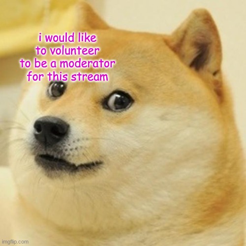 owo i wanna be mod | i would like to volunteer to be a moderator for this stream | image tagged in memes,doge | made w/ Imgflip meme maker