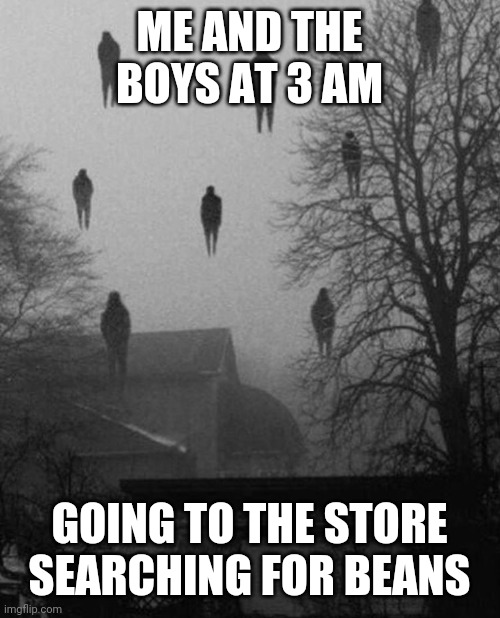 Me and the boys at 3 AM | ME AND THE BOYS AT 3 AM; GOING TO THE STORE SEARCHING FOR BEANS | image tagged in me and the boys at 3 am | made w/ Imgflip meme maker