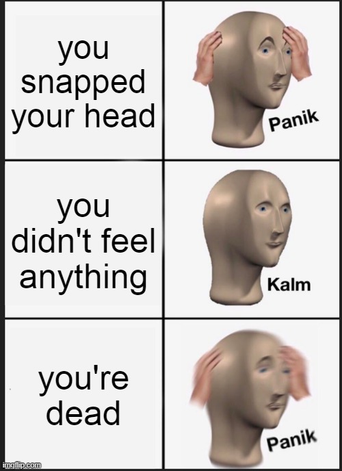 hmmm | you snapped your head; you didn't feel anything; you're dead | image tagged in memes,panik kalm panik,dead,funny,newtagthatimade | made w/ Imgflip meme maker