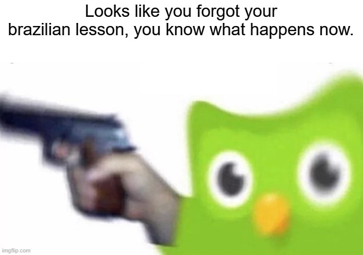 Run | Looks like you forgot your brazilian lesson, you know what happens now. | image tagged in duolingo gun | made w/ Imgflip meme maker
