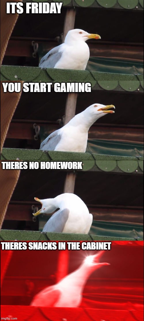 perfect friday. | ITS FRIDAY; YOU START GAMING; THERES NO HOMEWORK; THERES SNACKS IN THE CABINET | image tagged in memes,inhaling seagull | made w/ Imgflip meme maker
