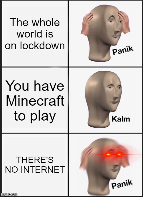 NO MINECRAFT? | The whole world is on lockdown; You have Minecraft to play; THERE'S NO INTERNET | image tagged in memes,panik kalm panik,minecraft | made w/ Imgflip meme maker