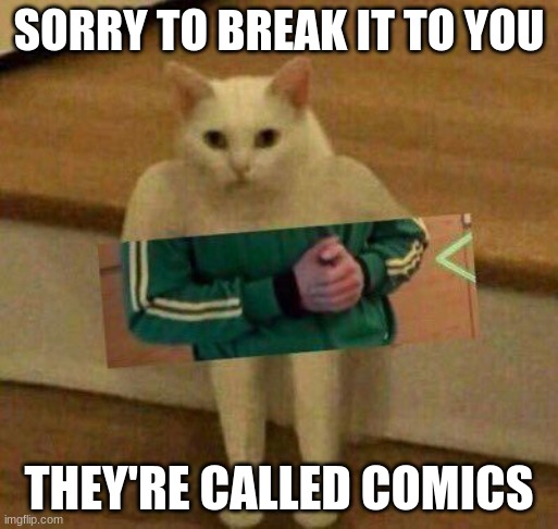 cursedcat | SORRY TO BREAK IT TO YOU THEY'RE CALLED COMICS | image tagged in cursedcat | made w/ Imgflip meme maker