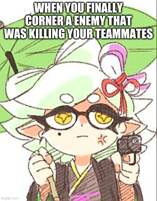 Marie with a gun | WHEN YOU FINALLY CORNER A ENEMY THAT WAS KILLING YOUR TEAMMATES | image tagged in marie with a gun | made w/ Imgflip meme maker