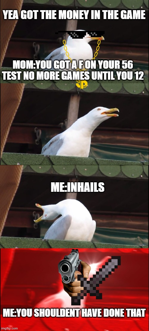 Inhaling Seagull |  YEA GOT THE MONEY IN THE GAME; MOM:YOU GOT A F ON YOUR 56 TEST NO MORE GAMES UNTIL YOU 12; ME:INHAILS; ME:YOU SHOULDENT HAVE DONE THAT | image tagged in memes,inhaling seagull | made w/ Imgflip meme maker