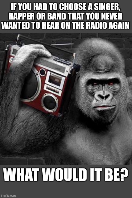 if you had choose a singer, rapper or band what would it be | IF YOU HAD TO CHOOSE A SINGER,
RAPPER OR BAND THAT YOU NEVER
WANTED TO HEAR ON THE RADIO AGAIN; WHAT WOULD IT BE? | image tagged in gorilla radio,funny,memes,meme,funny memes,gorilla | made w/ Imgflip meme maker