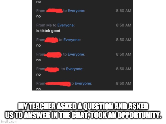 Haha lol | MY TEACHER ASKED A QUESTION AND ASKED US TO ANSWER IN THE CHAT, TOOK AN OPPORTUNITY. | image tagged in zoom | made w/ Imgflip meme maker